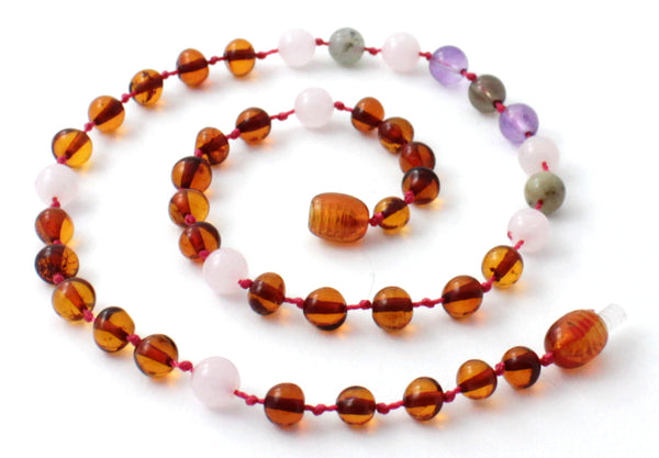 cognac amber polished necklace teething jewelry for girl girl's beaded teething amethyst violet labradorite smoky quartz