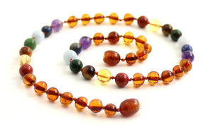 Baltic Amber Knotted Necklace with Colorful Chakra Gemstones