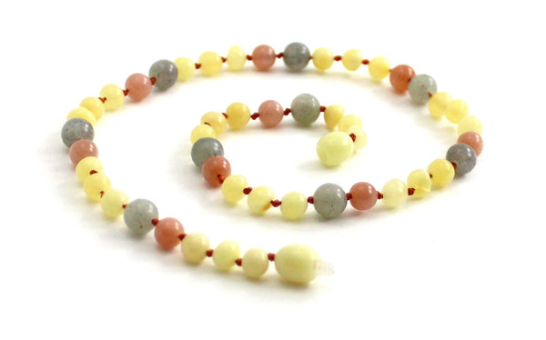 necklace amber milky butter polished teething with gemstones labradorite gray sunstone pink jewelry beaded knotted