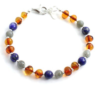 bracelet amber cognac polished with sterling silver 925 gemstones labradorite gray lapis lazuli blue jewelry beaded