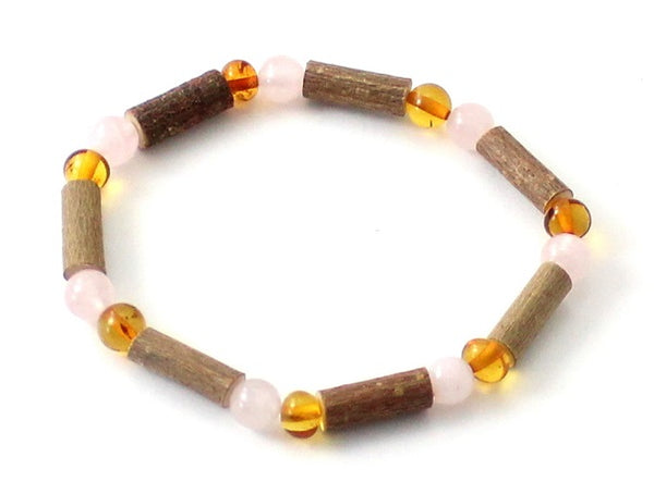 bracelet, stretch, jewelry, amber, baltic, rose quartz, pink, hazelwood, wood, wooden