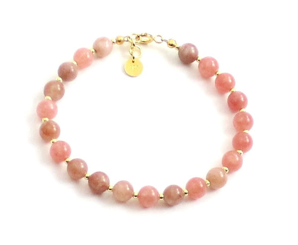 sunstone gemstone bracelet jewelry 6 mm 6mm pink with sterling silver 925 golden women women's