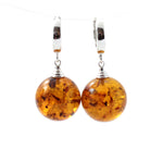 earrings, amber, drop, ball, cognac, golden, silver, dangle, round, jewelry