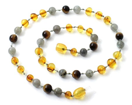 Necklace, Honey, Amber, Tiger Eye, Polished, Labradorite, Gemstone
