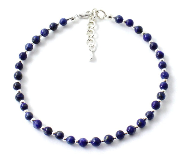 Anklet, Lapis Lazuli, Jewelry, Small, Jewelry, Minimalist, Dark Blue, Sterling Silver 925 Golden 4mm 4 mm