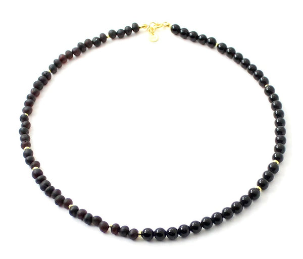 necklace, black, amber, obsidian, golden sterling silver 925, beaded, jewelry, raw, unpolished, cherry, women, men