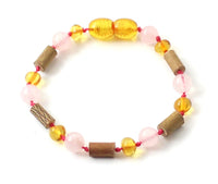 tobillera, pulsera, ámbar, báltico, joyería, rebordeado, avellana, madera, de madera, rosa, cuarzo rosa, piedra preciosa